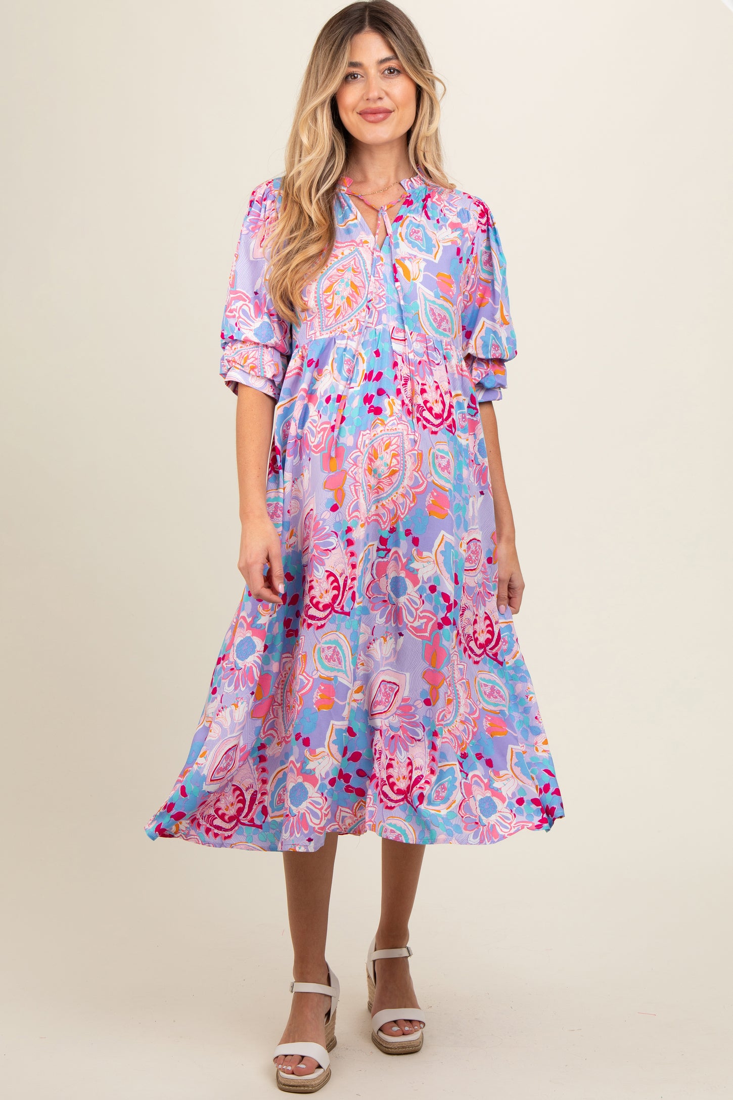 Lavender Paisley Print Tiered A-Line Maternity Midi Dress PinkBlush Lavender Paisley Print Tiered A-Line Maternity Midi Dress PinkBlush
