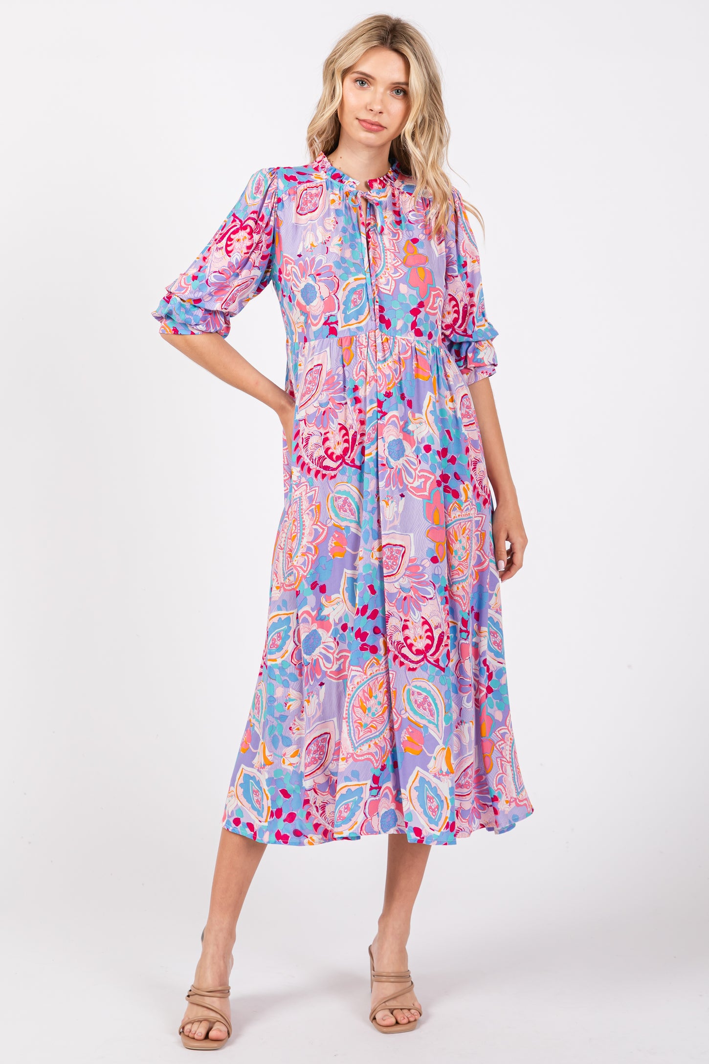Lavender Paisley Print Tiered A-Line Midi Dress PinkBlush Lavender Paisley Print Tiered A-Line Midi Dress PinkBlush