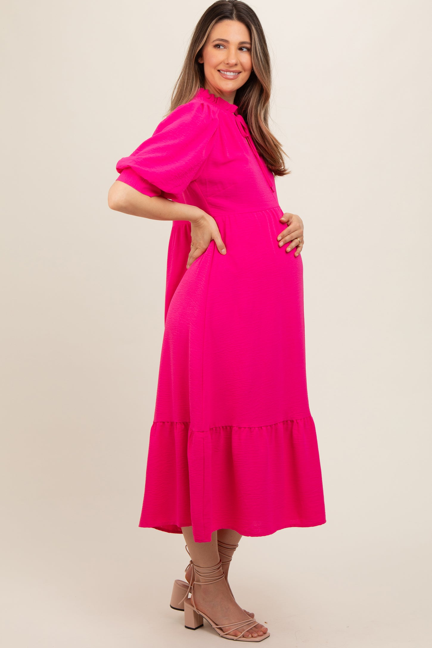 Fuchsia Balloon Sleeve Split Neck Maternity Midi Dress
