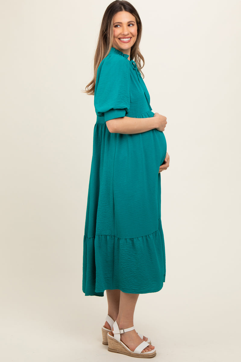 Jade Balloon Sleeve Split Neck Maternity Midi Dress Pinkblush