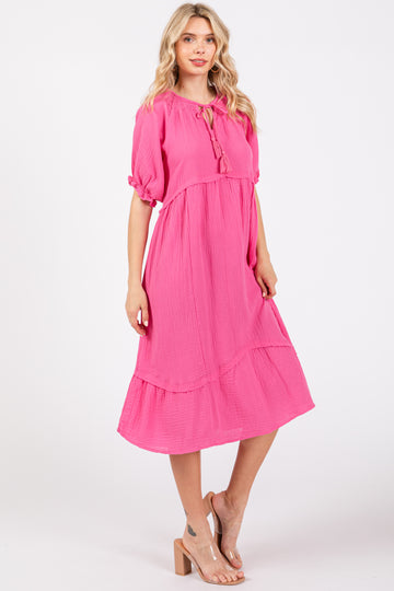Pink Tassel Tie Midi Dress