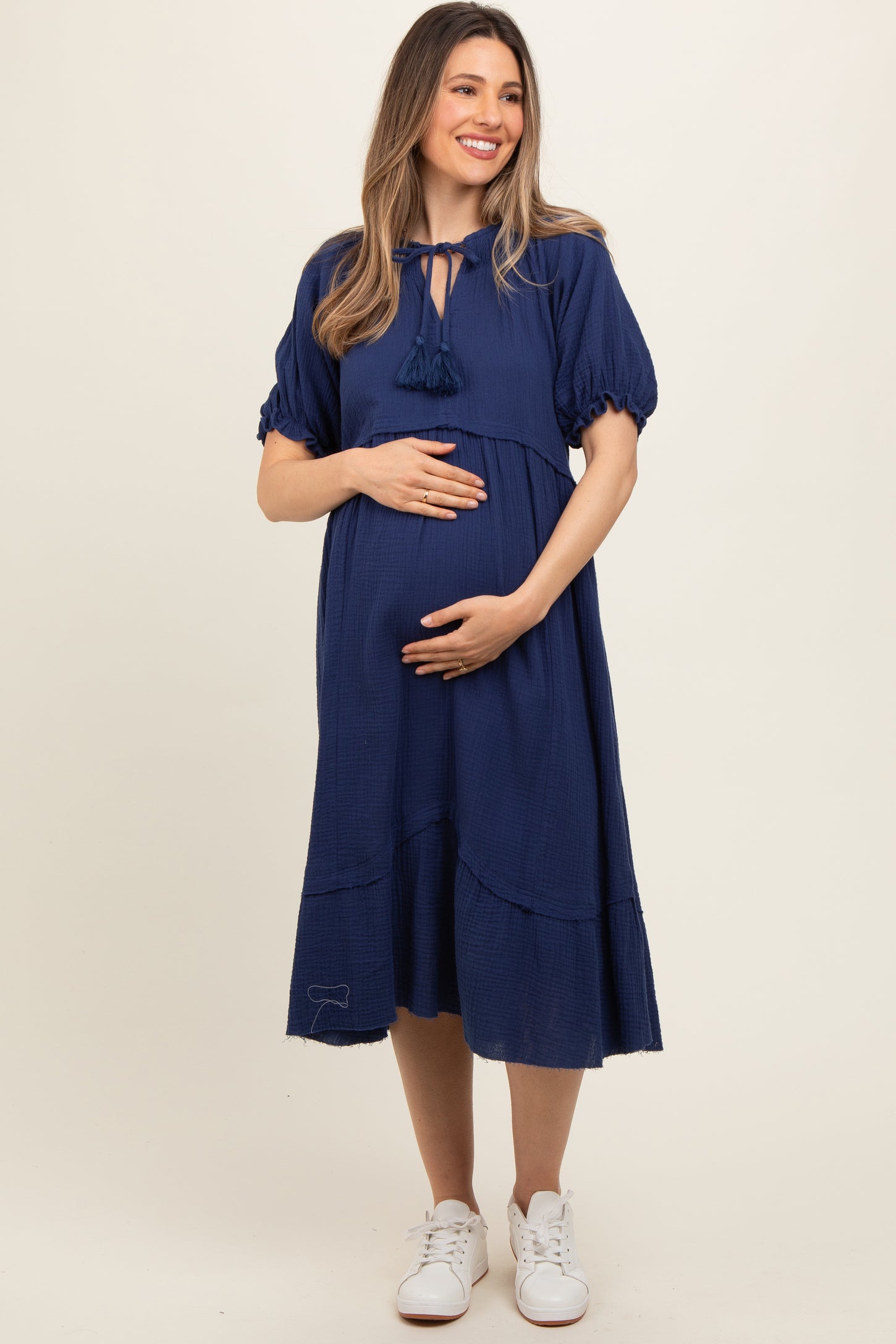 Navy Blue Tassel Tie Maternity Midi Dress