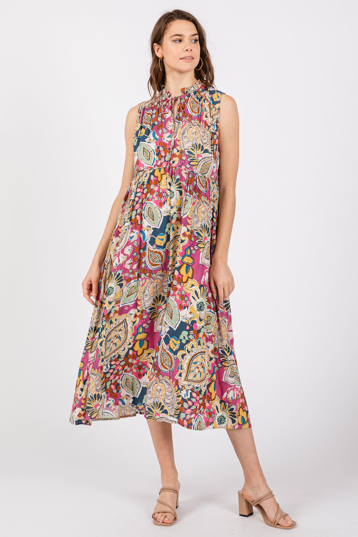 Pink Floral Paisley Mock Neck Maternity Midi Dress