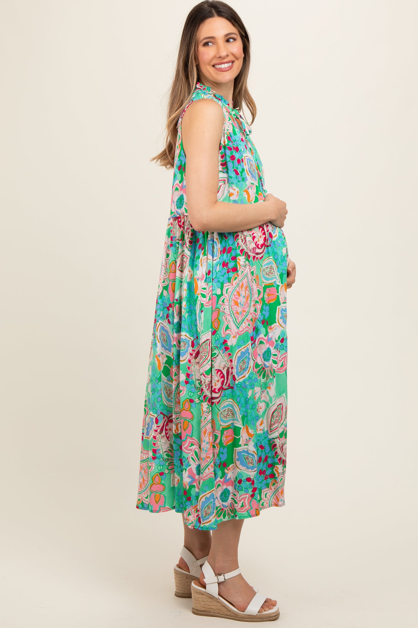 Emerald Green Floral Paisley Mock Neck Maternity Midi Dress