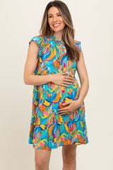 Blue Print Front Tie Tiered Maternity Dress