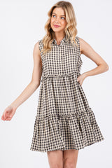 Black Gingham Button Front Collared Maternity Dress