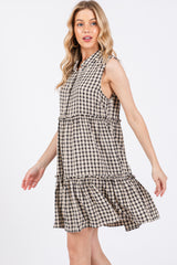 Black Gingham Button Front Collared Dress