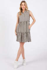 Black Gingham Button Front Collared Dress