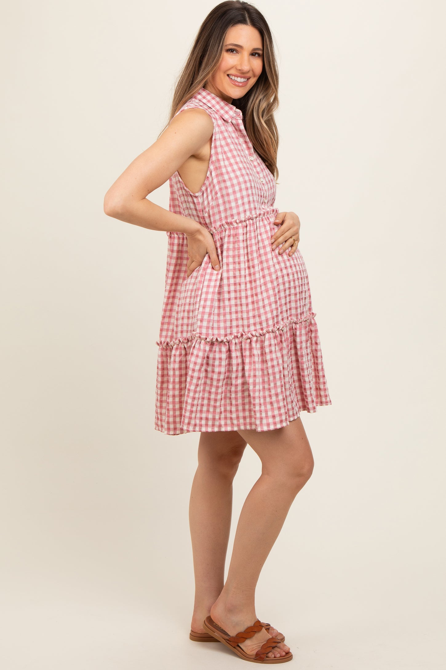 Pink Gingham Button Front Collared Maternity Dress