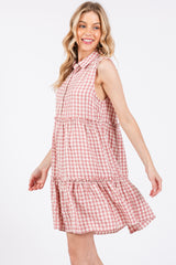 Pink Gingham Button Front Collared Dress