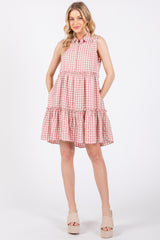 Pink Gingham Button Front Collared Dress