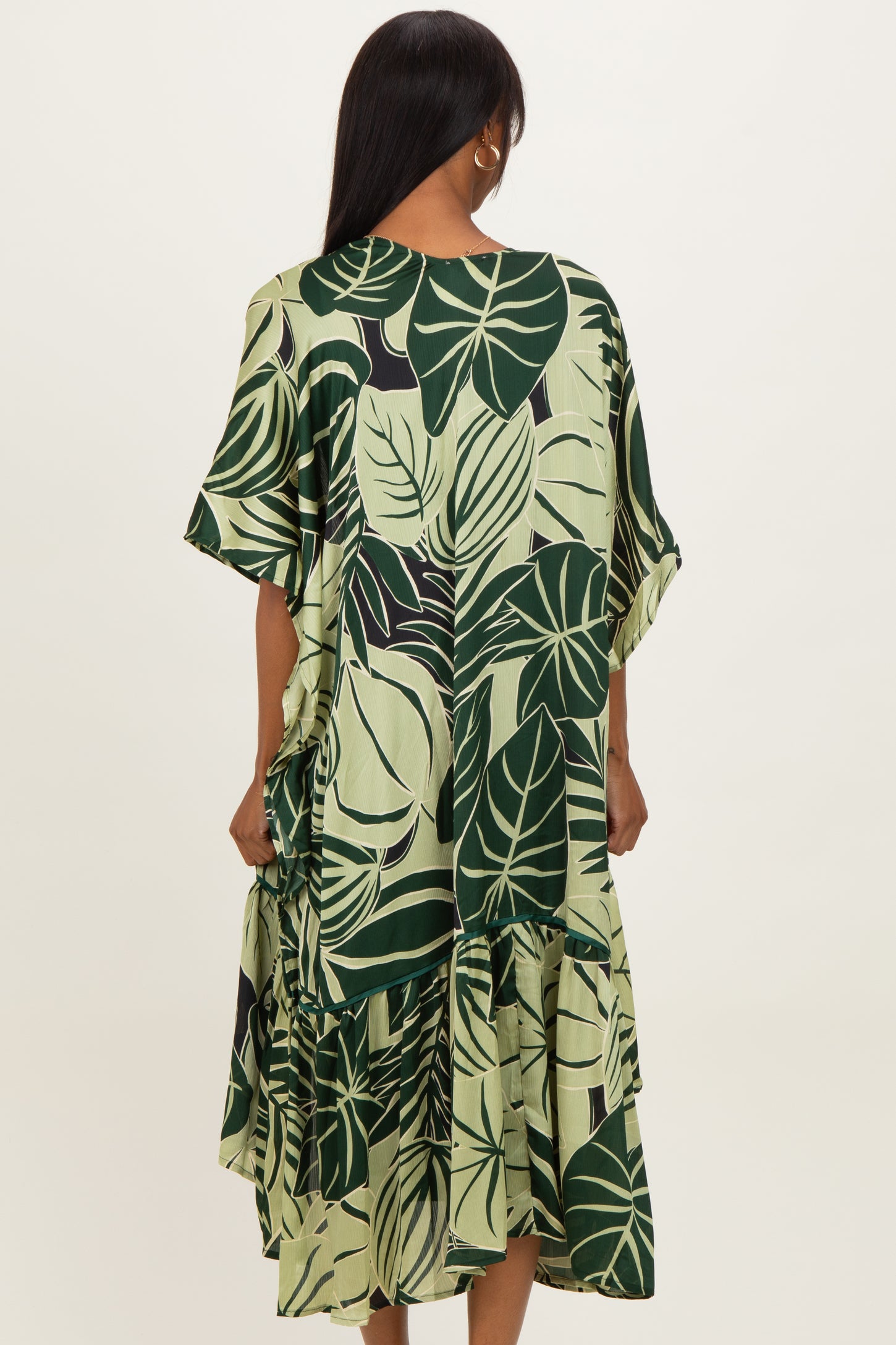 Green Tropical Print Long Cover Up