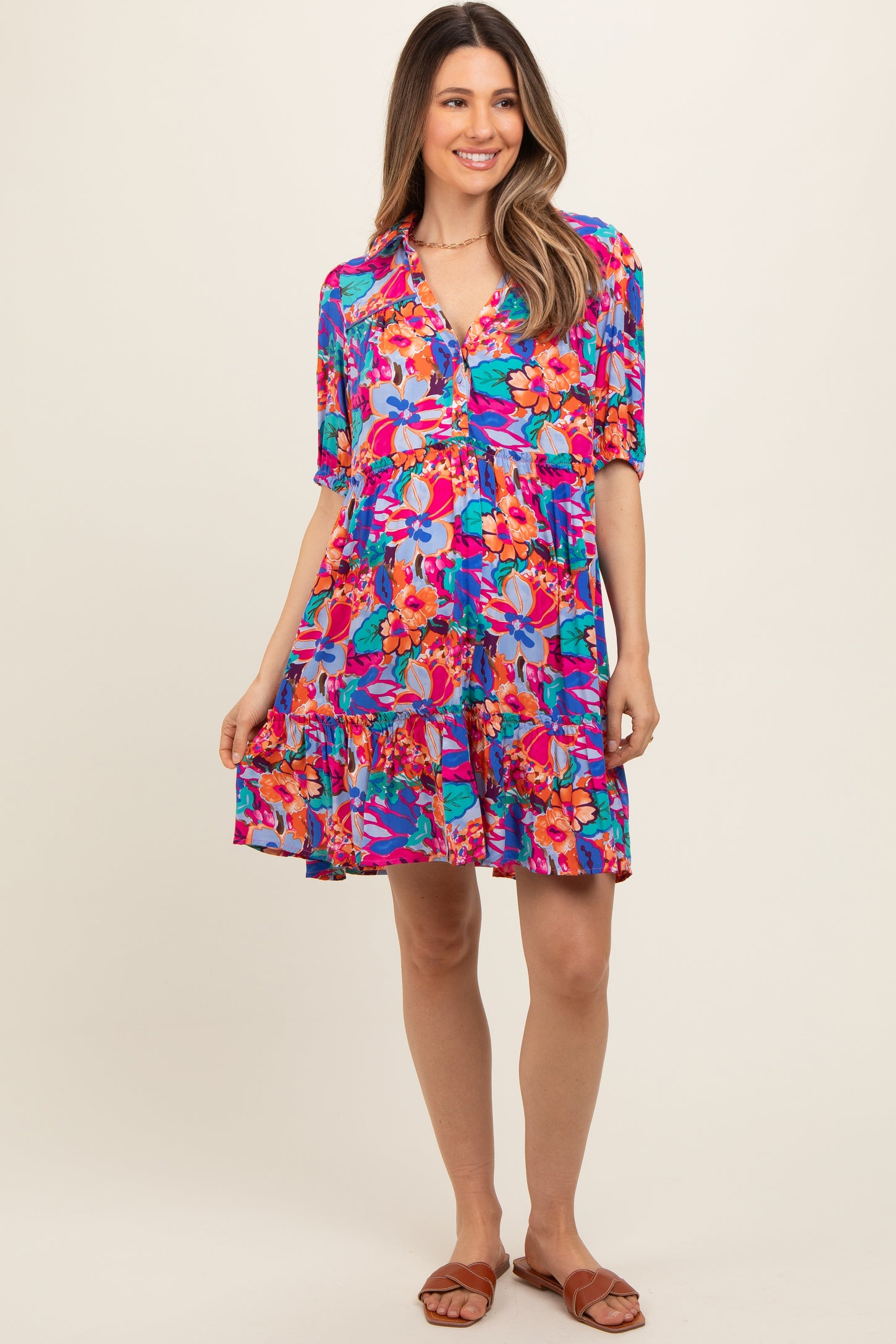 Blue Floral Button Short Sleeve Maternity Dress