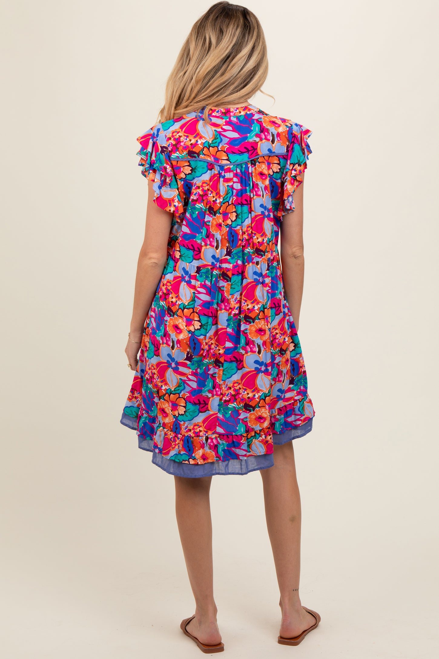 Blue Multicolor Ruffle Accent Maternity Dress