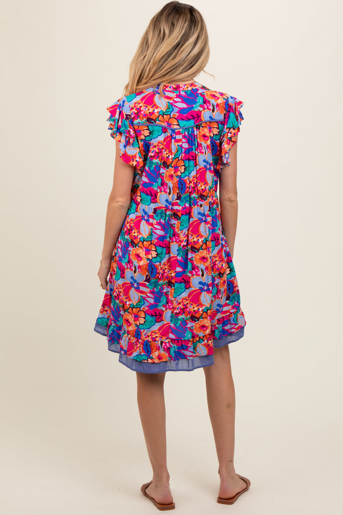 Blue Multicolor Ruffle Accent Maternity Dress