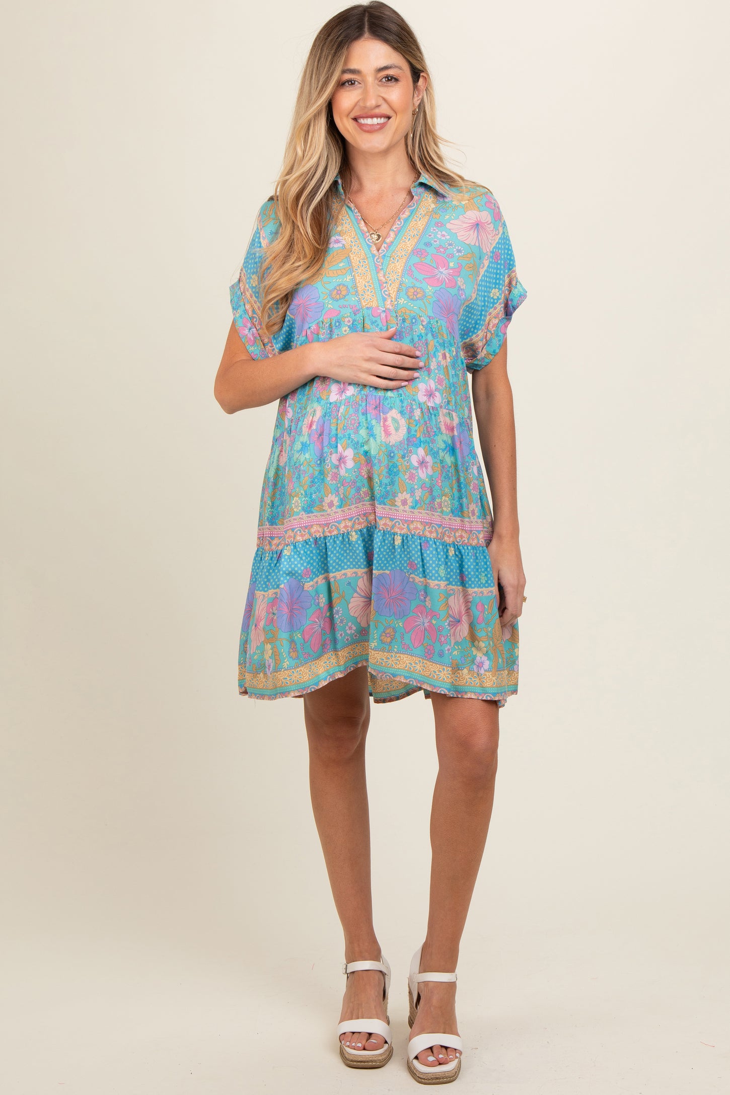 Turquoise Mixed Floral Tiered Maternity Dress– PinkBlush