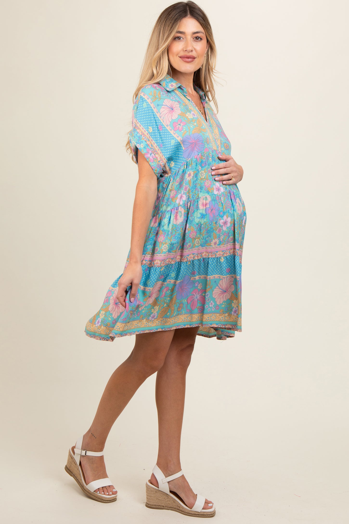 Turquoise Mixed Floral Tiered Maternity Dress– PinkBlush