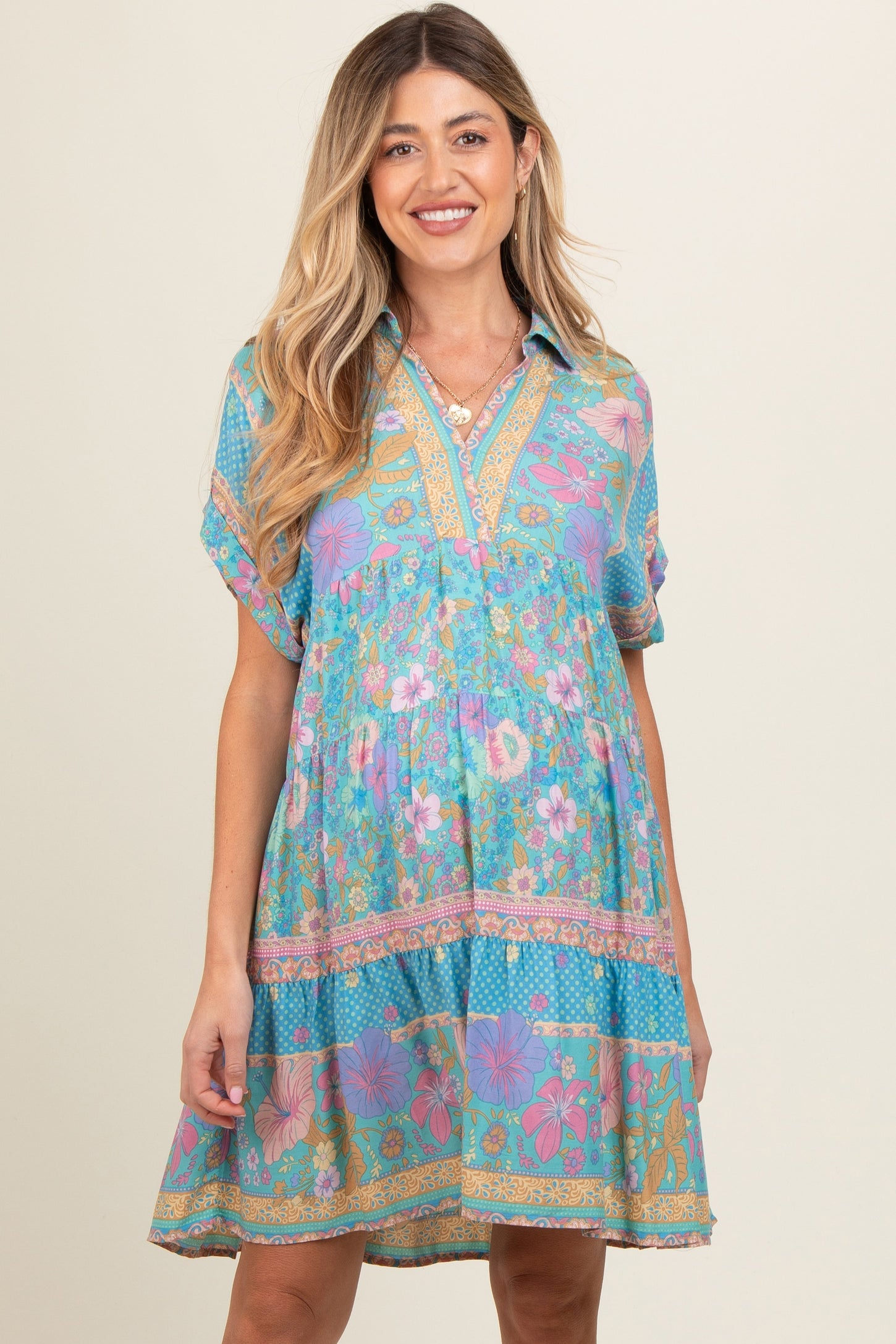 Turquoise Mixed Floral Tiered Maternity Dress – PinkBlush