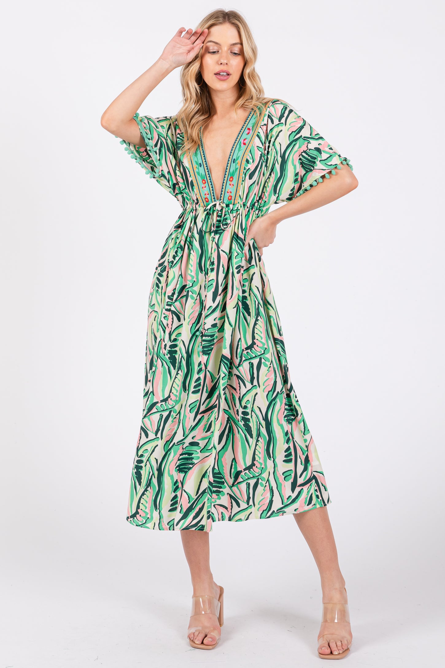 Green Embroidered V-Neck Short Pom Sleeve Maternity Midi Dress Green Embroidered V-Neck Short Pom Sleeve Maternity Midi Dress