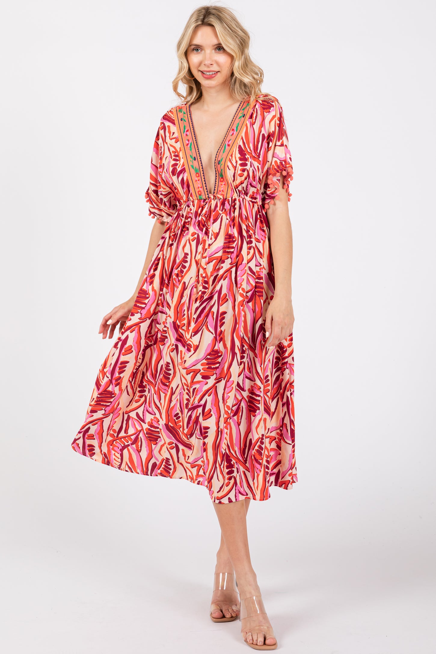 pom pom midi dress Cute White Tiered Dress - Pom Pom Midi Dress - Ruffled Midi Dress