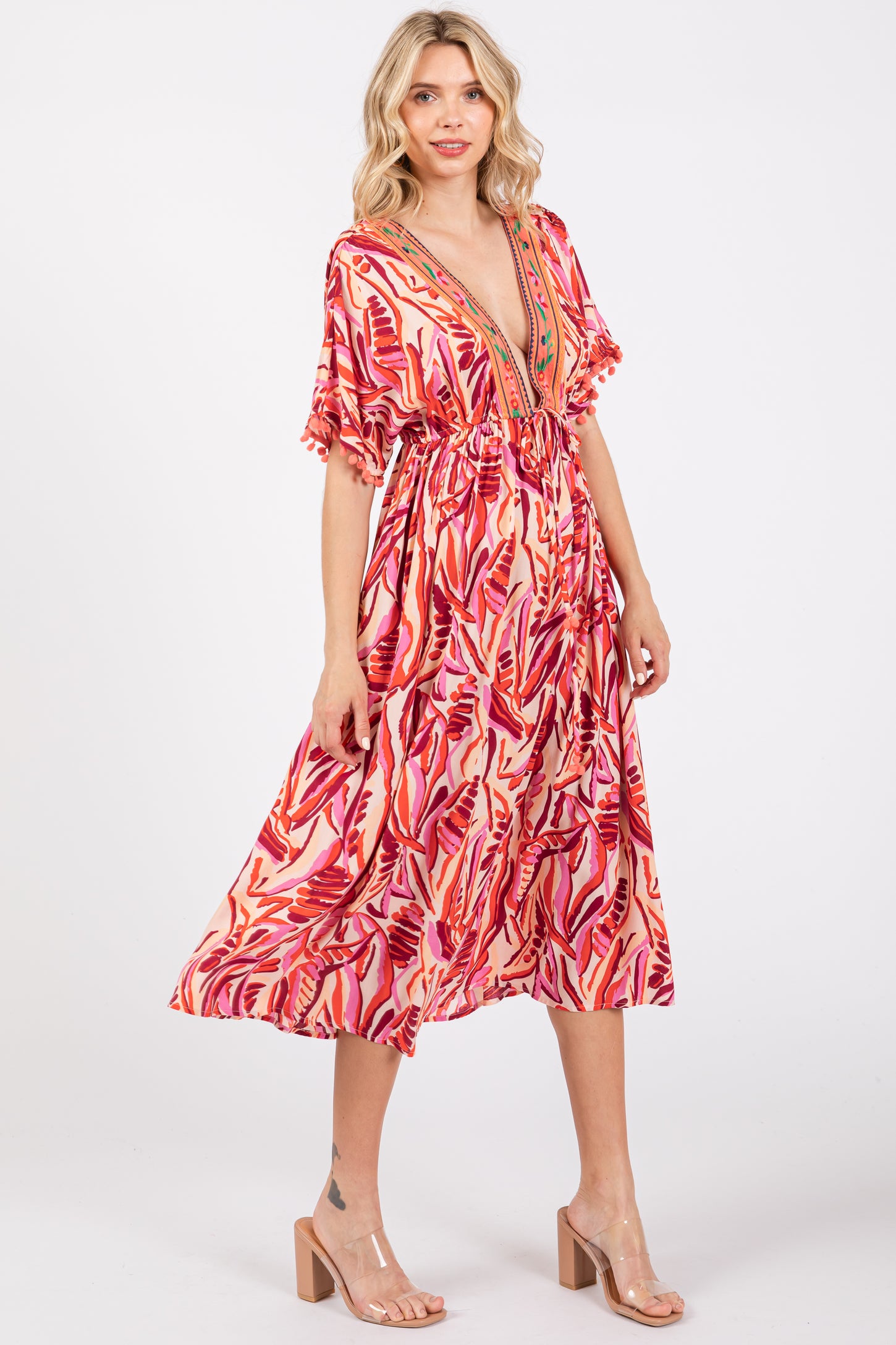 embroidered v neck cap sleeve midi dress Green Multicolor Embroidered V Neck Cap Sleeve Midi Dress