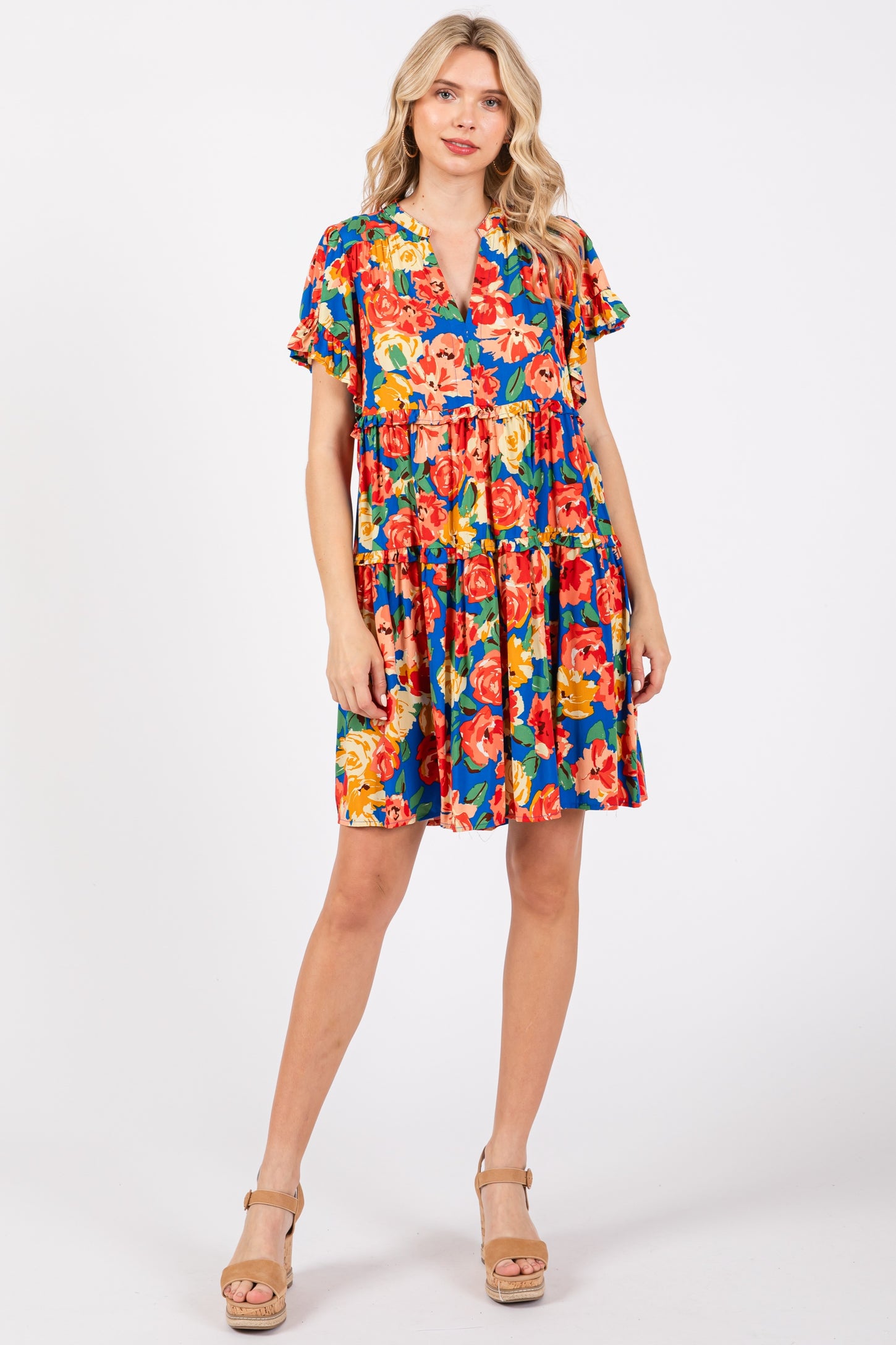 Blue Floral Ruffle Tiered V-Neck Dress