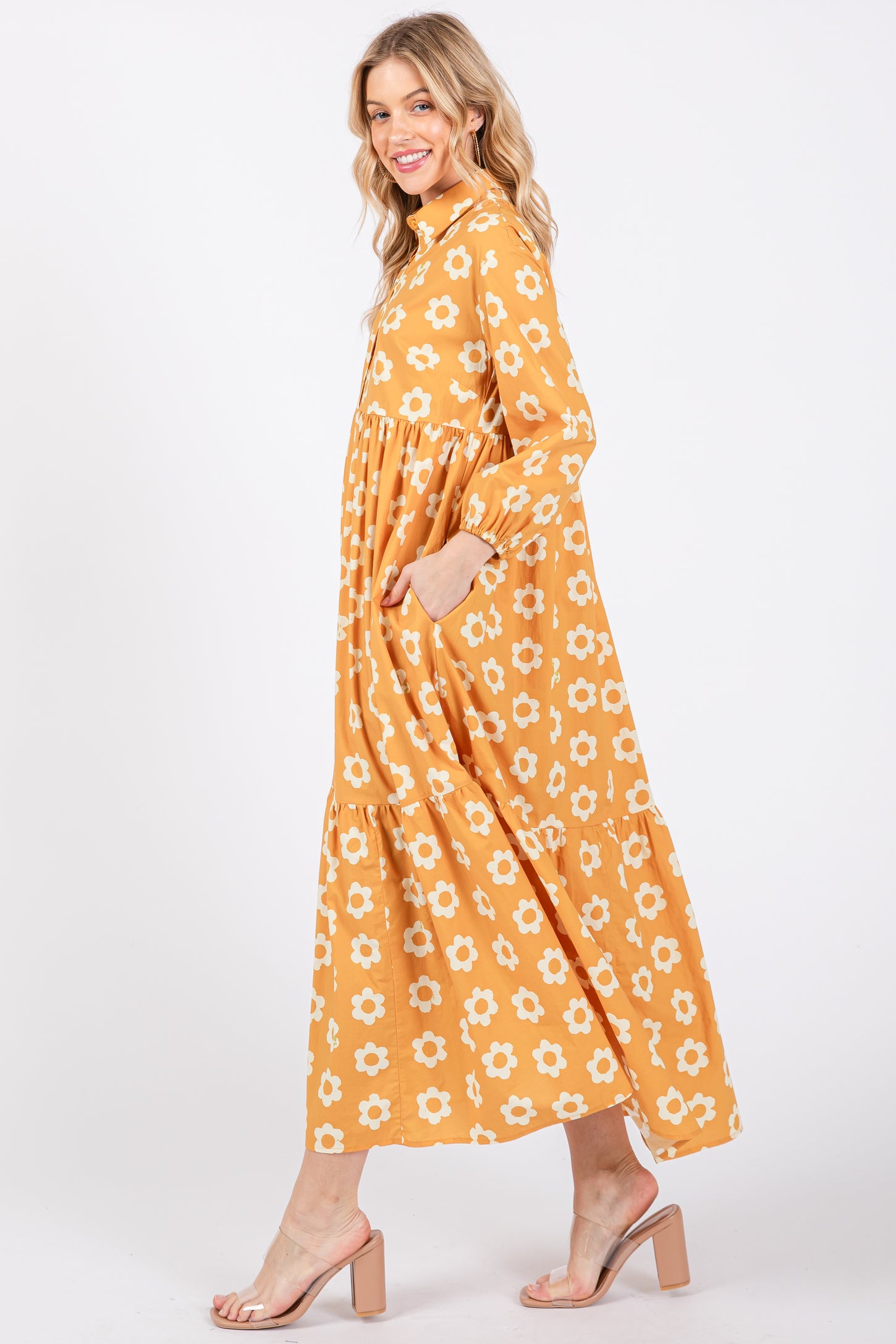 Yellow Floral 3/4 Sleeve Collared Maxi Dress