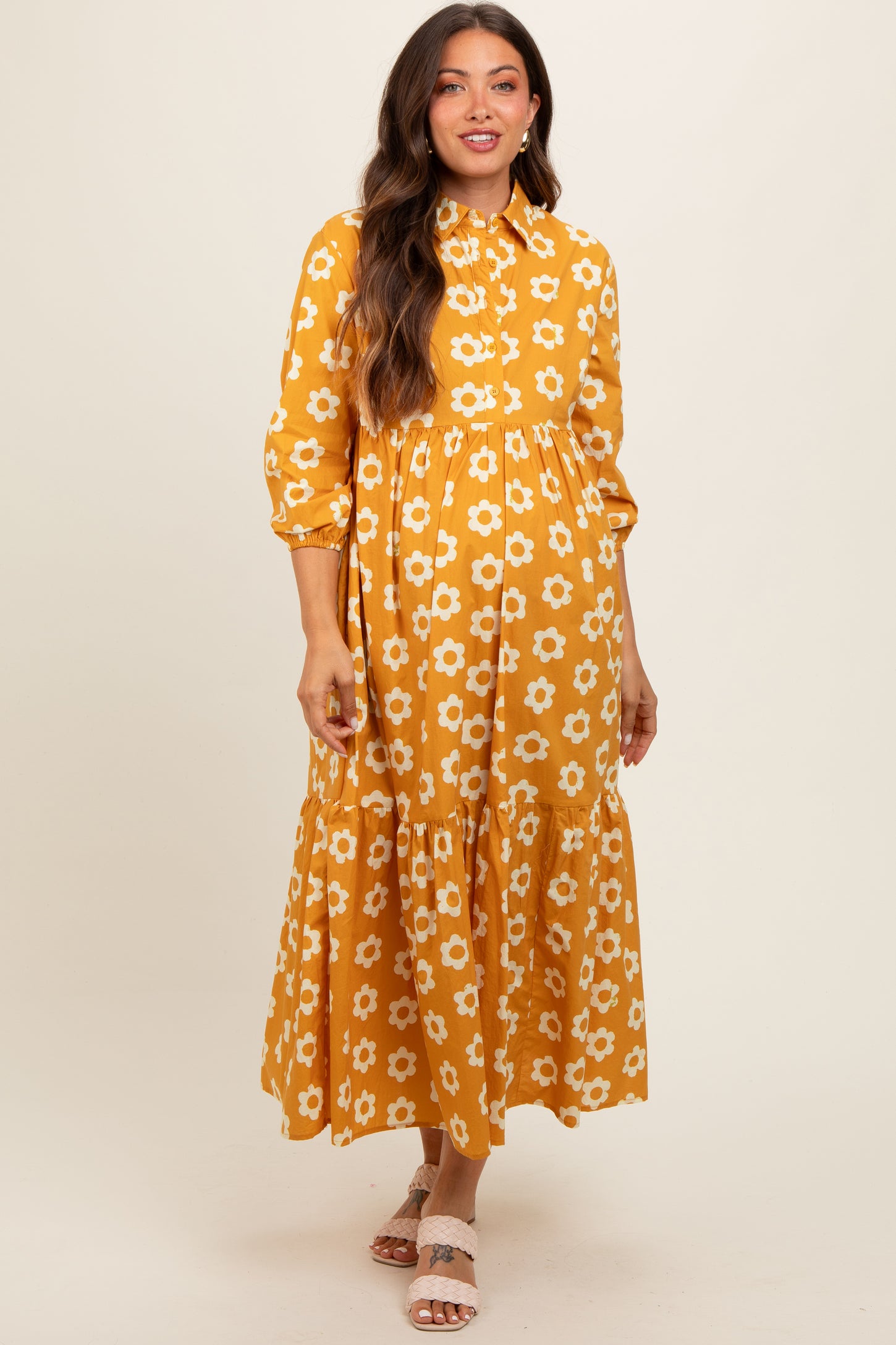 Yellow Floral 3/4 Sleeve Collared Maternity Maxi Dress