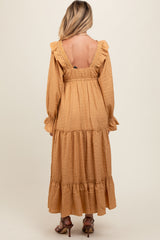 Camel Button Pleated Front Square Neck Ruffle Tiered Maternity Maxi Dress