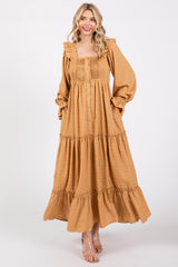 Camel Button Pleated Front Square Neck Ruffle Tiered Maxi Dress