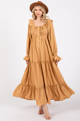 Camel Button Pleated Front Square Neck Ruffle Tiered Maxi Dress