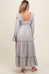 Grey Button Pleated Front Square Neck Ruffle Tiered Maternity Maxi Dress
