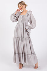 Grey Button Pleated Front Square Neck Ruffle Tiered Maternity Maxi Dress