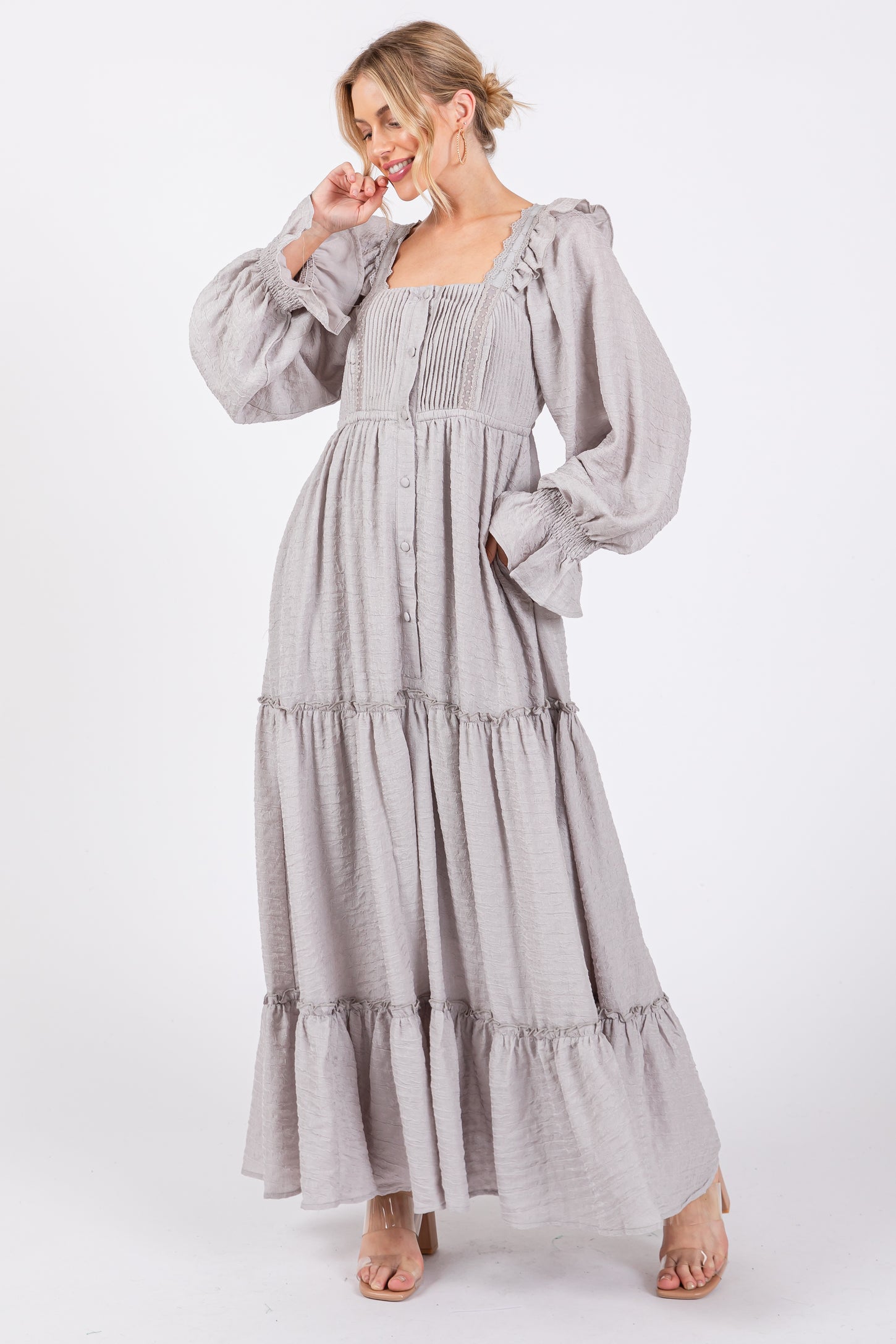 Grey Button Pleated Front Square Neck Ruffle Tiered Maternity Maxi Dre PinkBlush Grey Button Pleated Front Square Neck Ruffle Tiered Maternity Maxi Dre PinkBlush