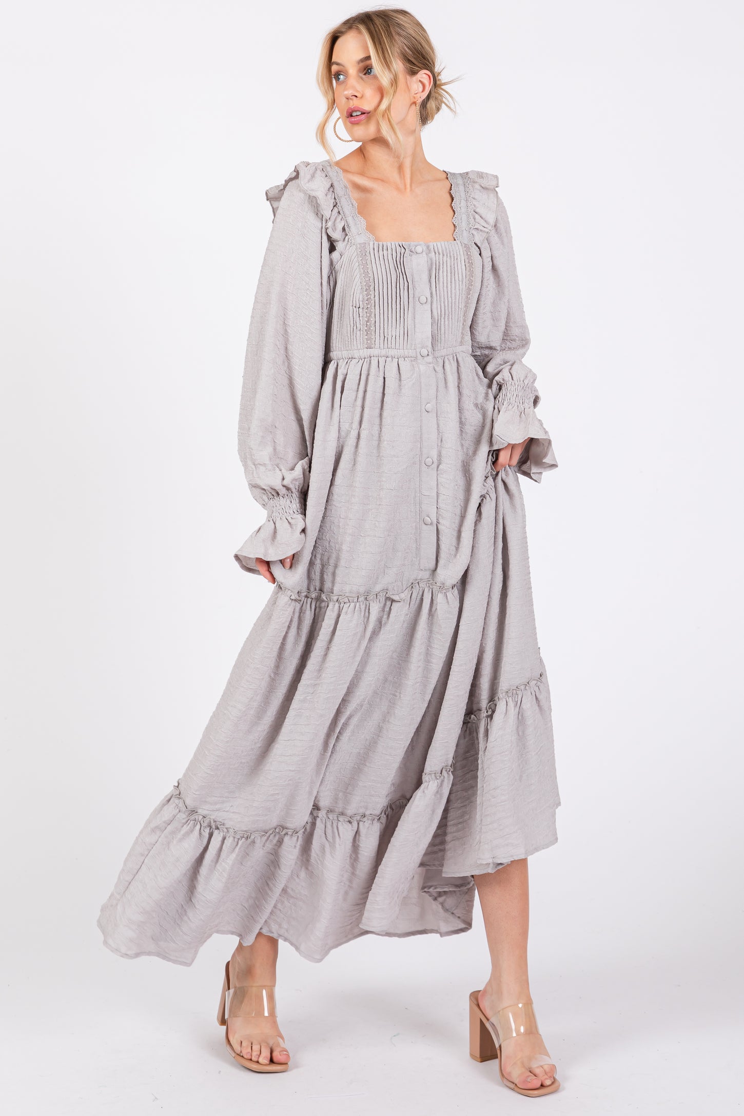 Grey Button Pleated Front Square Neck Ruffle Tiered Maxi Dress