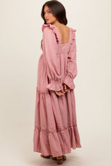 Mauve Button Pleated Front Square Neck Ruffle Tiered Maternity Maxi Dress