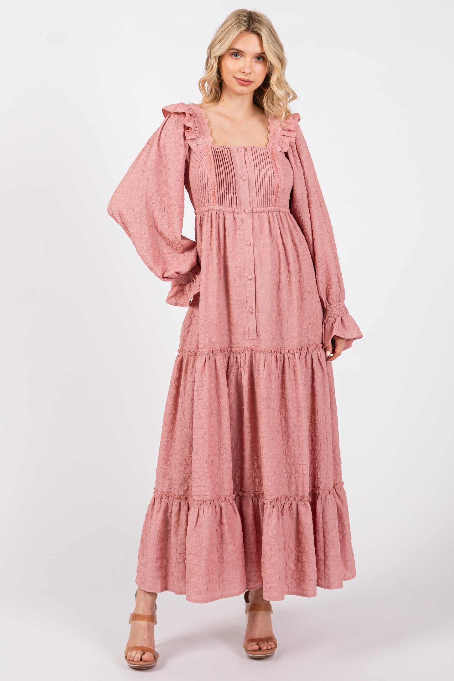 Mauve Button Pleated Front Square Neck Ruffle Tiered Maternity Maxi Dress
