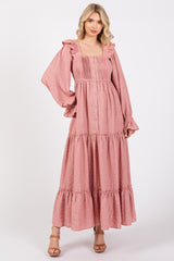 Mauve Button Pleated Front Square Neck Ruffle Tiered Maternity Maxi Dress