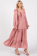 Mauve Button Pleated Front Square Neck Ruffle Tiered Maxi Dress
