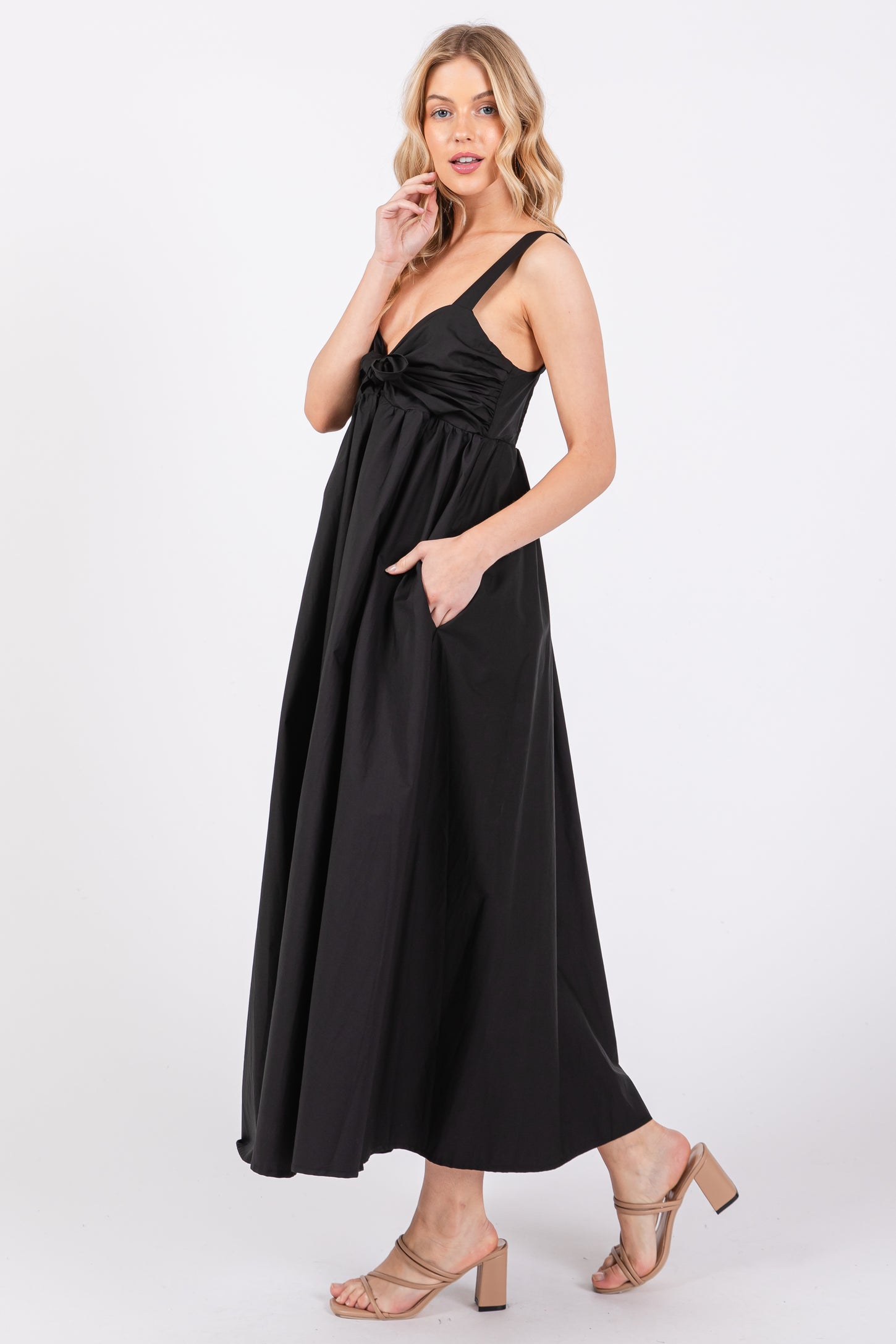 Black Front Tie Sleeveless Midi Dress PinkBlush Black Front Tie Sleeveless Midi Dress PinkBlush