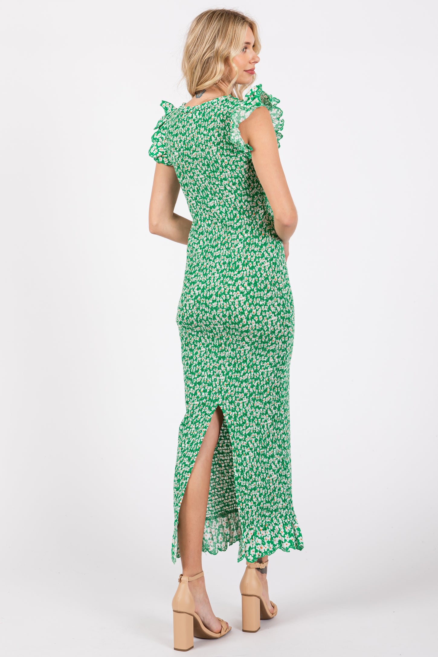 Green Floral Smocked Flutter Cup Sleeve Dress