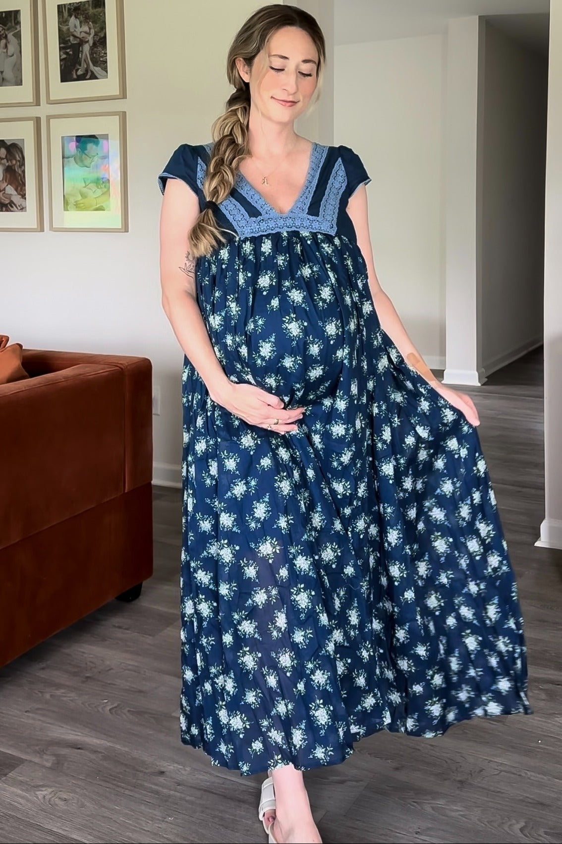 Navy Blue Floral Lace V-Neck Maternity Maxi Dress