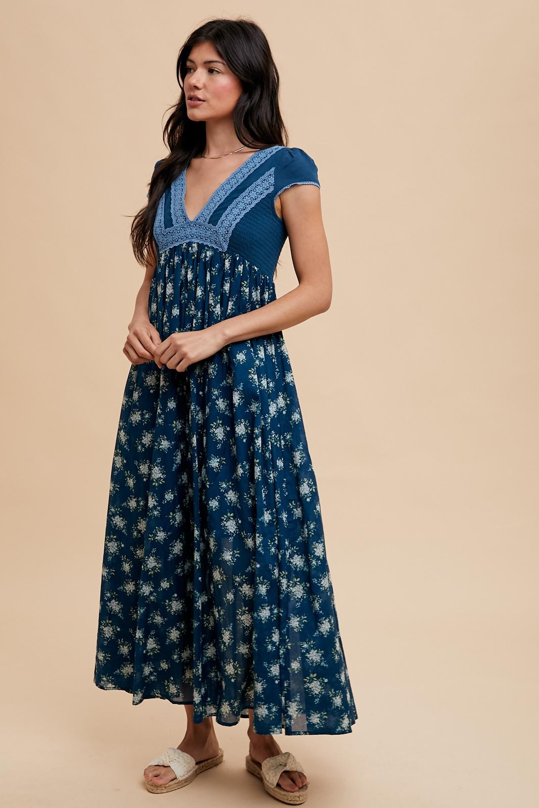 Navy Blue Floral Lace V-Neck Maxi Dress – PinkBlush
