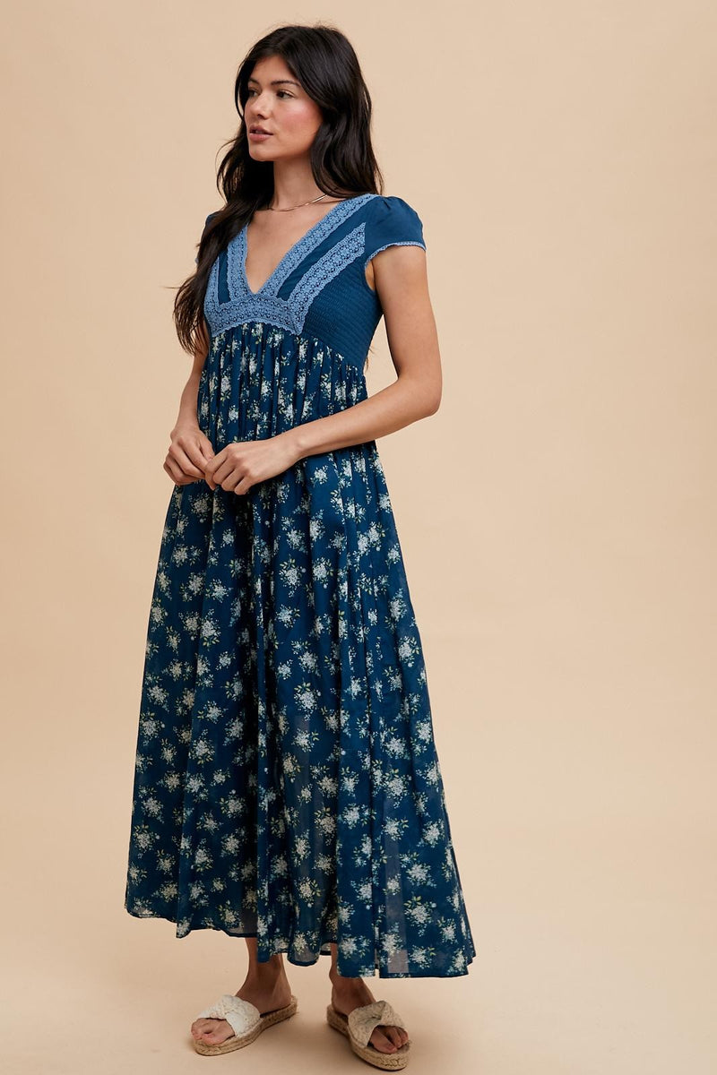 Navy Blue Floral Lace V-Neck Maxi Dress – PinkBlush
