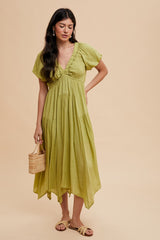 Light Olive Deep V-Neck Puff Short Sleeve Asymmetrical Hem Maternity Midi Dress