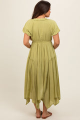Light Olive Deep V-Neck Puff Short Sleeve Asymmetrical Hem Maternity Midi Dress