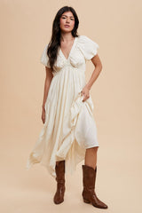 Cream Deep V-Neck Puff Short Sleeve Asymmetrical Hem Maternity Midi Dress