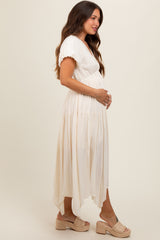 Cream Deep V-Neck Puff Short Sleeve Asymmetrical Hem Maternity Midi Dress