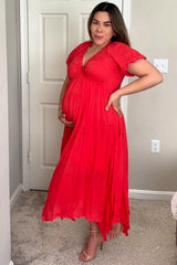 Red Deep V-Neck Puff Short Sleeve Asymmetrical Hem Maternity Midi Dress