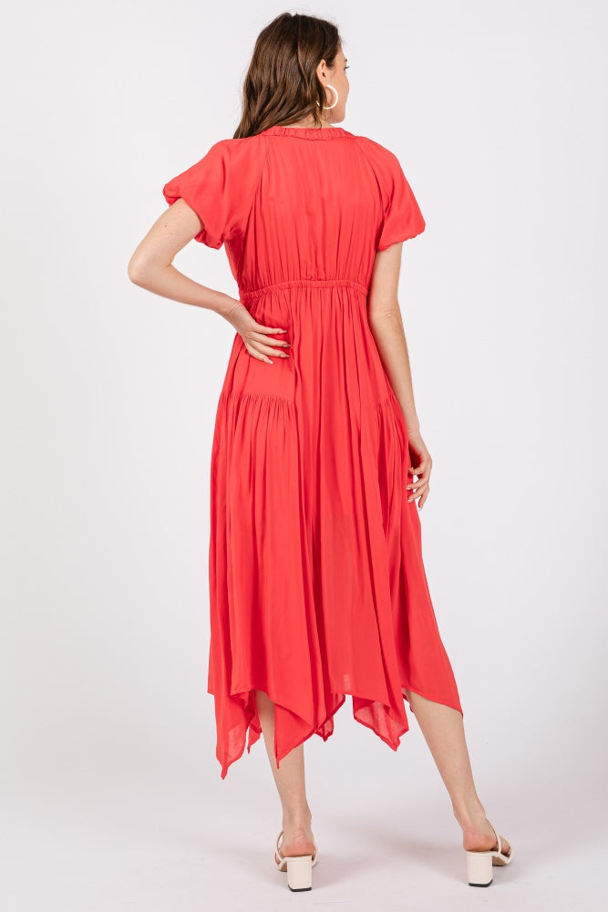 Red Deep V-Neck Puff Short Sleeve Asymmetrical Hem Midi Dress – PinkBlush